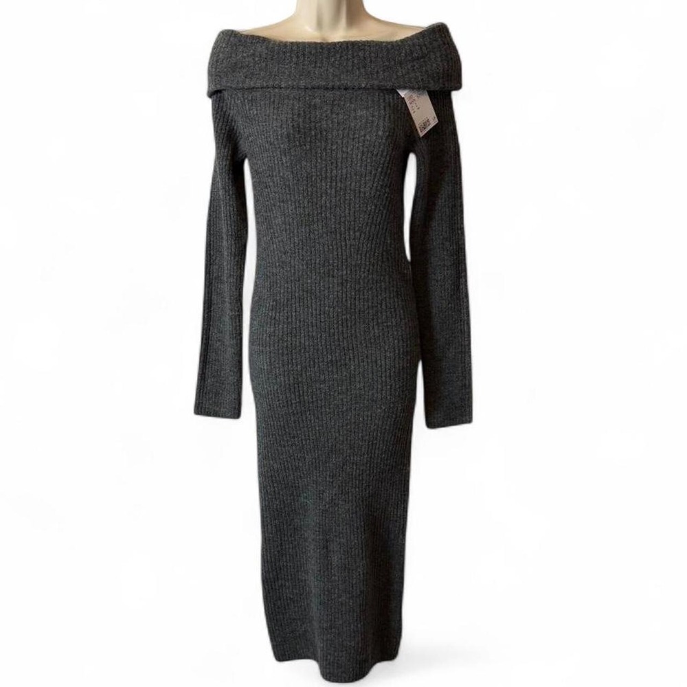 H&M Charcoal Gray Rib Knit Off The Shoulder Midi Dress, Women's Size S
